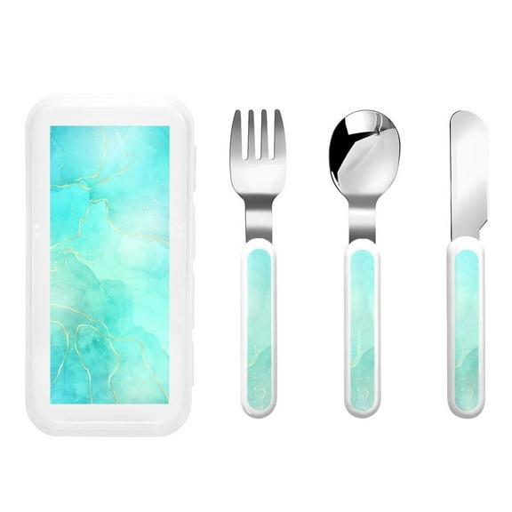 Easygdp Cyan Mint Marble 3-Piece Flatware Set Kids Silverware, Stainless Steel Toddler Kids Utensils Safe for Preschooler Children