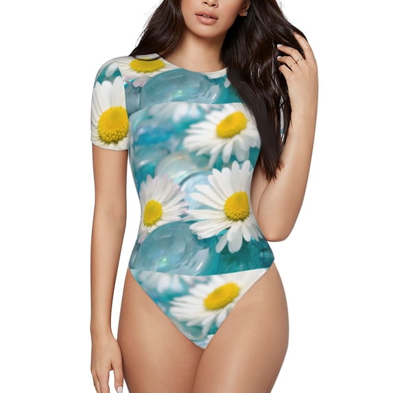Easygdp Daisy Flowers Women'S Waist-Cinching Short-Sleeved Onesie, Olastic Onesiet,Snaps At Bottom,Easy To Put On And Take Off - Medium