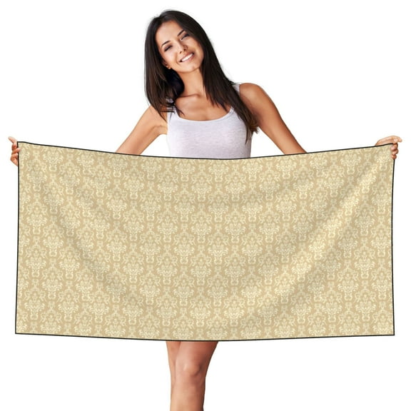 Easygdp Damask Beige Tan Brown Beach Towel 27.5X55 Inches Quick Dry Pool Towel Travel Compact Bath Towel Sandproof Beach Blanket Towel for Swimming