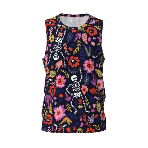 Easygdp Dancing Skeletons Floral Garden Men's Mesh Basketball Jersey Quick Drying Sleeveless Shirts Fitted Muscle Tank Tops Sport Round Neck T-Shirt - 4X-Large