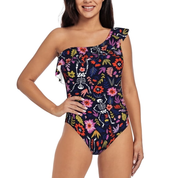 Easygdp Dancing Skeletons Floral Garden Women's One Shoulder Ruffle Monokini Bathing Suits with Removable Chest Pad, Quick Drying - XX-Large