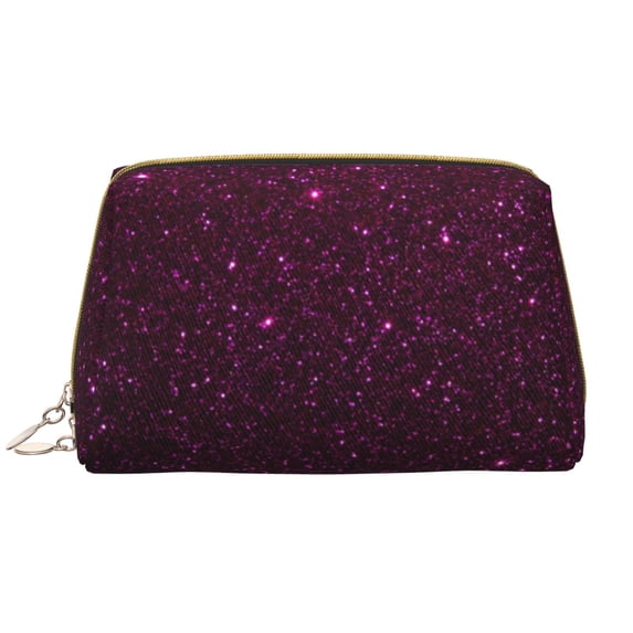 Easygdp Dark Purple Glitter Leather Makeup Bag Zipper Pouch Travel Cosmetic Organizer for Women and Girls, Make up Bag with Zipper