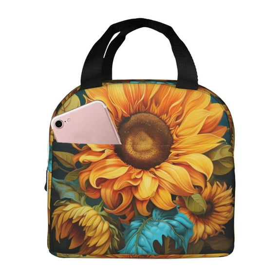 Easygdp Deep Yellow Colorful Sunflower Premium Insulated Lunch Bag - Waterproof Oxford Cloth, Aluminum Foil Lining, Large Capacity, Front Pocket, Unisex for Work, School, Outdoor Activities, Picnics