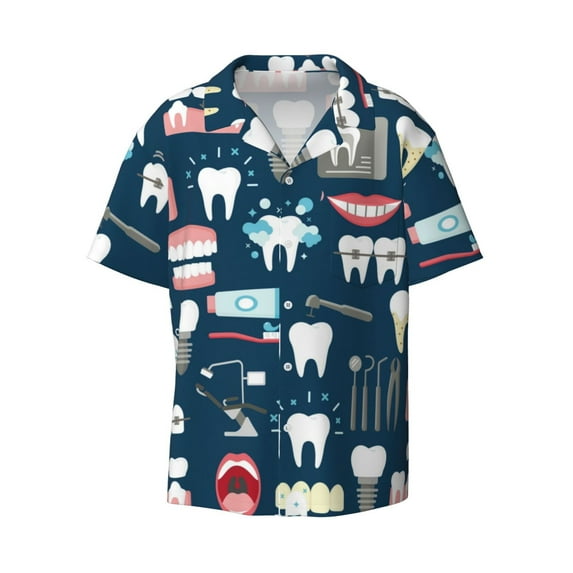 Easygdp Dental Men's Casual Short-sleeved Shirt with Pocket and Button Suitable for Beach Vacation Leisure - Small