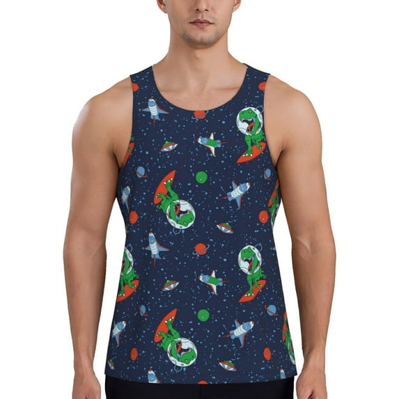 Easygdp Dinosaur Astronaut Men's Tank Top, Sleeveless Muscle T Shirts, Breathable, Quick-Dry, Loose for Gym, Running, Fitness - XX-Large