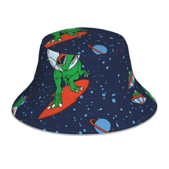 Easygdp Dinosaur Astronaut Space Surfing Double-Sided Reflective Fisherman Hat for Outdoor and Night Walking, Unisex