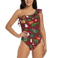 thumbnail image 1 of Easygdp Dinosaur Christmas Happy New Year Women's One Shoulder Ruffle Monokini Bathing Suits with Removable Chest Pad, Quick Drying - Large, 1 of 8