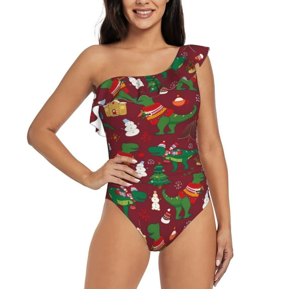Easygdp Dinosaur Christmas Happy New Year Women's One Shoulder Ruffle Monokini Bathing Suits with Removable Chest Pad, Quick Drying - Large