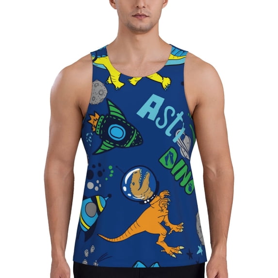 Easygdp Dinosaur In Space Men's Tank Top, Sleeveless Muscle T Shirts, Breathable, Quick-Dry, Loose for Gym, Running, Fitness - XX-Large