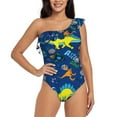 thumbnail image 1 of Easygdp Dinosaur In Space Women's One Shoulder Ruffle Monokini Bathing Suits with Removable Chest Pad, Quick Drying - Large, 1 of 8