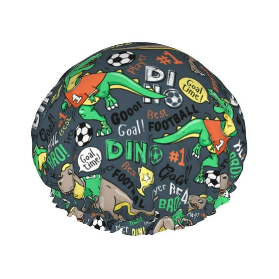 Easygdp Dinosaur Plays Soccer Shower Caps for Women, Double Waterproof Layers Shower Cap, Quick Drying Bath Hair Cap Reusable