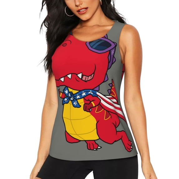 Easygdp Dinosaur Super Hero Cartoon Women's Workout Tank Top, Running Top, Hiking Shirt, Quick-Dry for Running, Yoga, Hiking - X-Large