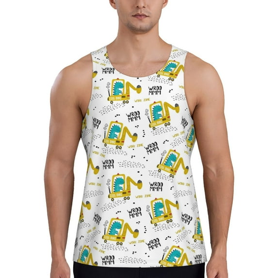 Easygdp Dinosaur on Excavator Men's Tank Top, Sleeveless Muscle T Shirts, Breathable, Quick-Dry, Loose for Gym, Running, Fitness - Small