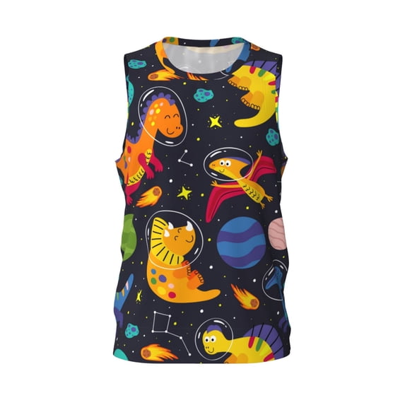 Easygdp Dinosaurs in Space Men's Mesh Basketball Jersey Quick Drying Sleeveless Shirts Fitted Muscle Tank Tops Sport Round Neck T-Shirt - 3X-Large
