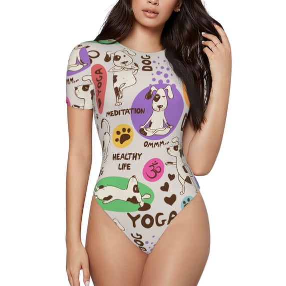 Easygdp Dog Doing Yoga Women's One-Piece Swimsuit Slim Fit Crew Neck Bodysuit Athletic Swimwear with Concealed Buckle - X-Large