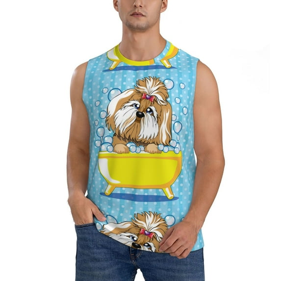 Easygdp Dog Takes a Bath in the Bathtub Men's Breathable Tank Tops Sleeveless Sporty T Shirts for Basketball, Mountaineering, Bodybuilding -Large