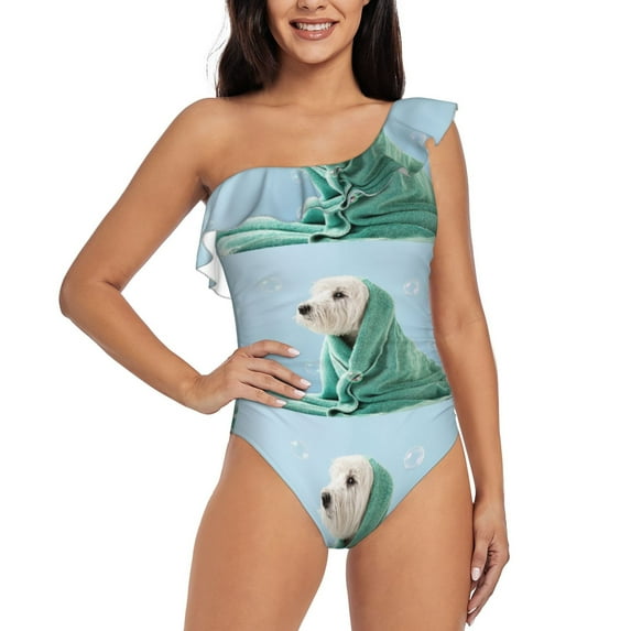 Easygdp Dog Wrapped in Towel Women's One Shoulder Ruffle Monokini Bathing Suits with Removable Chest Pad, Quick Drying - Large