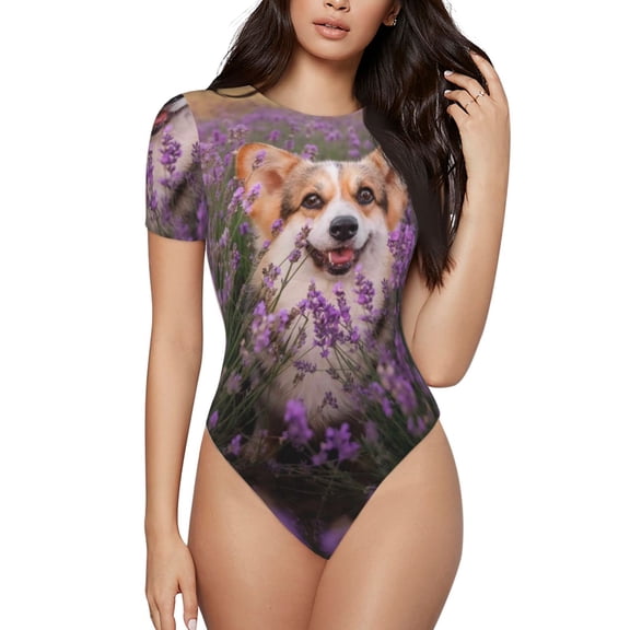 Easygdp Dog in Lavender Flowers Women's One-Piece Swimsuit Slim Fit Crew Neck Bodysuit Athletic Swimwear with Concealed Buckle - XX-Large