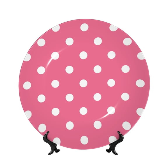 Easygdp Dots On Rose Red Background Bone China Decorative Plate Ceramic Dinner Plates Art Crafts with Display Stand-7in