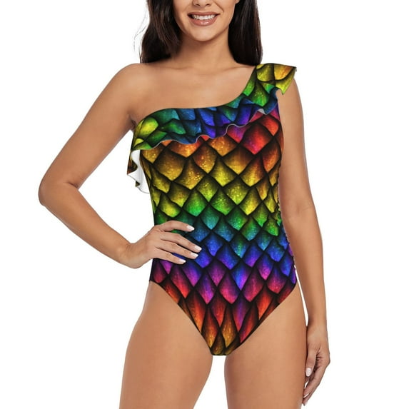 Easygdp Dragon Scales Women's One Shoulder Ruffle Monokini Bathing Suits with Removable Chest Pad, Quick Drying - Medium