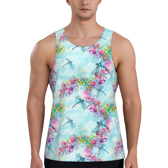 Easygdp Dragonfly Floral Men's Tank Top, Sleeveless Muscle T Shirts, Breathable, Quick-Dry, Loose for Gym, Running, Fitness - Small