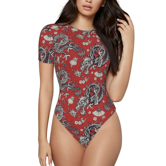 Easygdp Dragons2 Women's One-Piece Swimsuit Slim Fit Crew Neck Bodysuit Athletic Swimwear with Concealed Buckle - Small