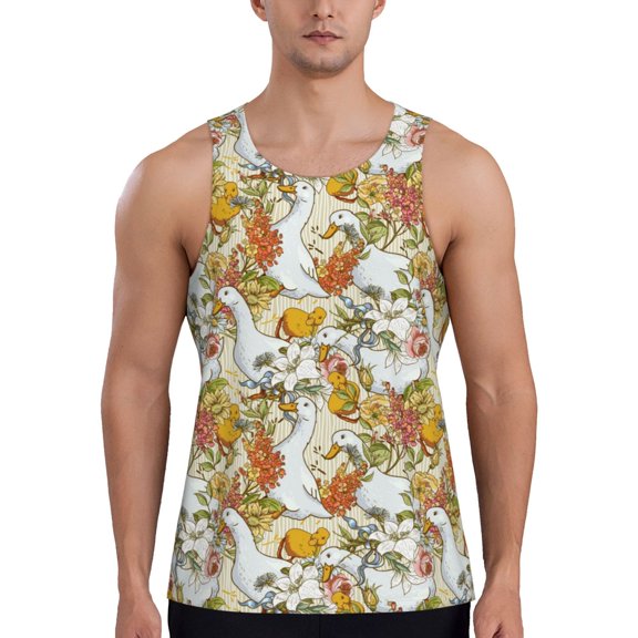 Easygdp Ducks and Flowers Men's Tank Top, Sleeveless Muscle T Shirts, Breathable, Quick-Dry, Loose for Gym, Running, Fitness - X-Large
