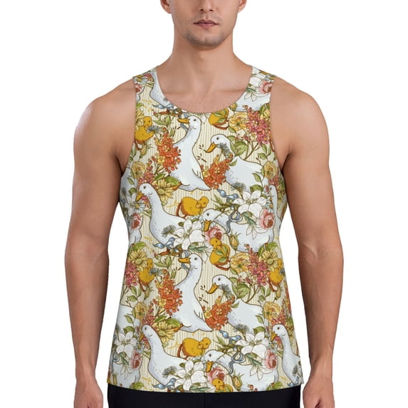 Easygdp Ducks and Flowers Men's Tank Top, Sleeveless Muscle T Shirts, Breathable, Quick-Dry, Loose for Gym, Running, Fitness - XX-Large
