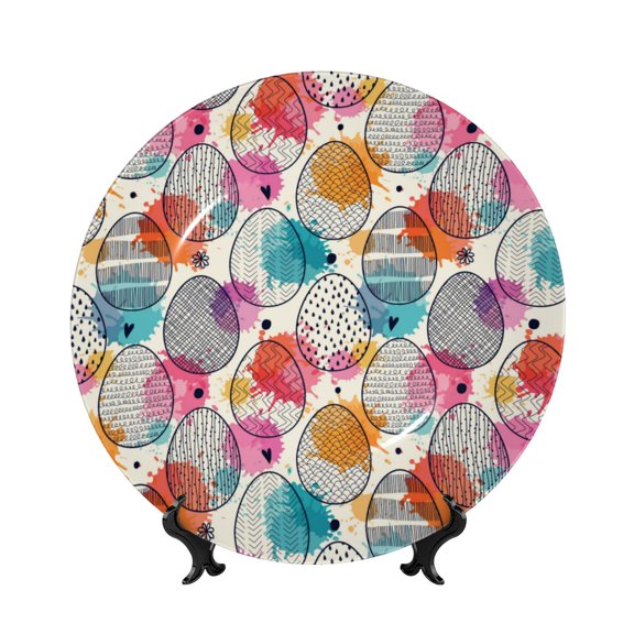 Easygdp Easter Egg Bone China Decorative Plate Ceramic Dinner Plates Art Crafts with Display Stand-6in