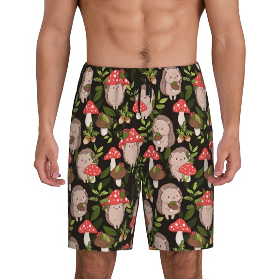 Easygdp Edgehog and Mushrooms Men's Short Pajama Pants, Sleep Shorts, Household Pants, Casual Pants with Pockets - Small