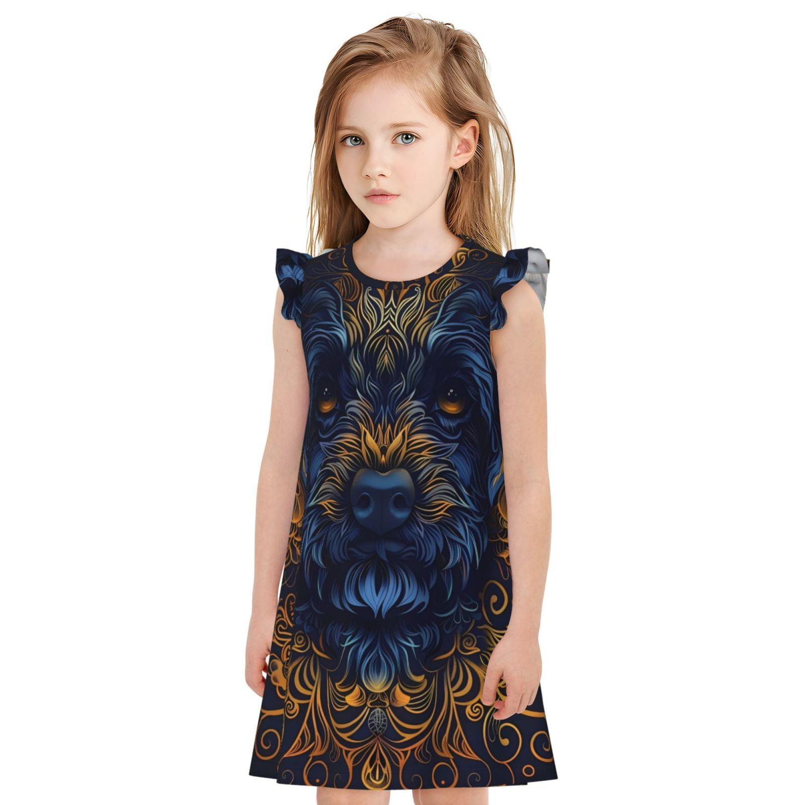 Easygdp Elegant Dog Mandala Art Girls Pajamas Dress, Princess Nightgown