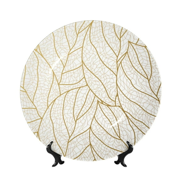 Easygdp Elegant Gold Leaf Pattern Bone China Decorative Plate Ceramic Dinner Plates Art Crafts with Display Stand-7in