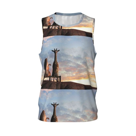 Easygdp Elephant Giraffe Men's Mesh Basketball Jersey Quick Drying Sleeveless Shirts Fitted Muscle Tank Tops Sport Round Neck T-Shirt - Small