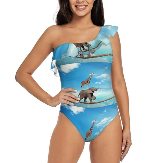 Easygdp Elephant Giraffe Women's One Shoulder Ruffle Monokini Bathing Suits with Removable Chest Pad, Quick Drying - XX-Large