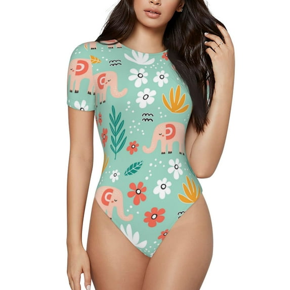 Easygdp Elephant and Flowers Women's One-Piece Swimsuit Slim Fit Crew Neck Bodysuit Athletic Swimwear with Concealed Buckle - Medium