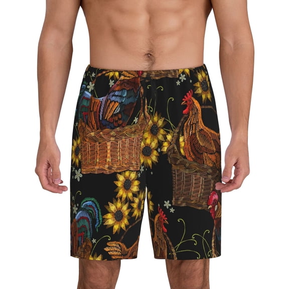 Easygdp Embroidery Chicken Rooster Men's Short Pajama Pants, Sleep Shorts, Household Pants, Casual Pants with Pockets - Medium