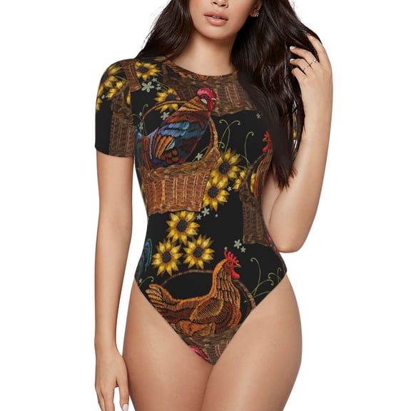 Easygdp Embroidery Chicken Rooster Women's One-Piece Swimsuit Slim Fit Crew Neck Bodysuit Athletic Swimwear with Concealed Buckle - X-Large