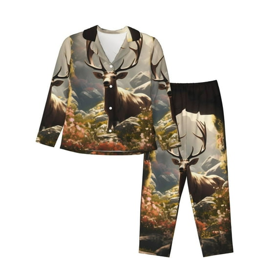 Easygdp Enchanted Deer In Cave Women's Long-Sleeve Shirt and Full-Length Bottom Pajama Set,Two Piece Loungewear Soft Pajama Top and Pants Pjs Sleepwear-XX-Large