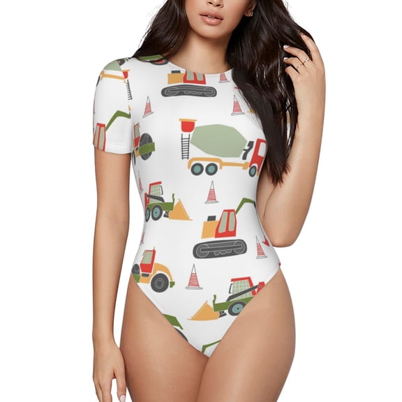 Easygdp Excavator Women's One-Piece Swimsuit Slim Fit Crew Neck Bodysuit Athletic Swimwear with Concealed Buckle - X-Large