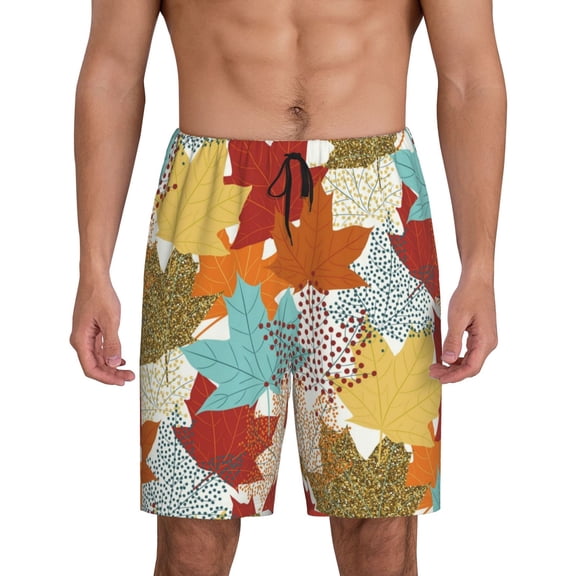 Easygdp Fall Maple Leaves Men's Short Pajama Pants, Sleep Shorts, Household Pants, Casual Pants with Pockets - 3X-Large