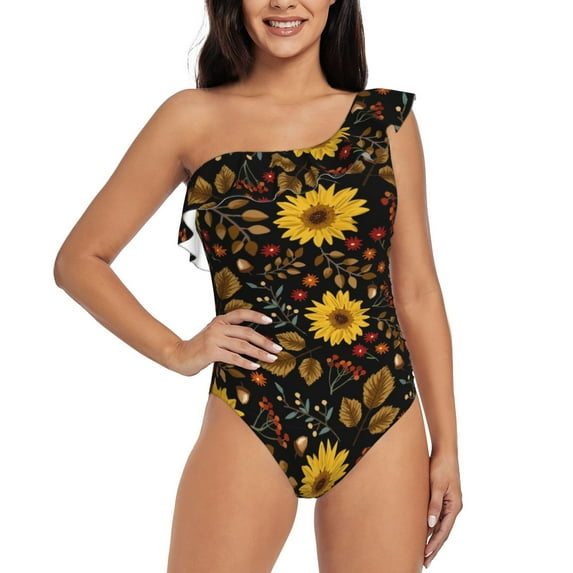 Easygdp Fall Sunflowers Leaves Women's One Shoulder Ruffle Monokini Bathing Suits with Removable Chest Pad, Quick Drying - Small