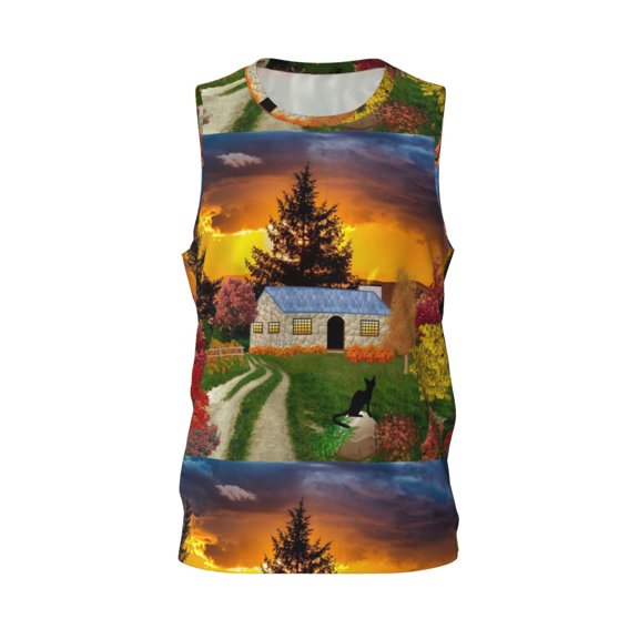 Easygdp Fall Village Scenery Men's Mesh Basketball Jersey Quick Drying Sleeveless Shirts Fitted Muscle Tank Tops Sport Round Neck T-Shirt - Small