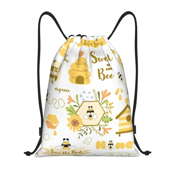 Easygdp Farm Bee Cute Honey Drawstring Backpack, Beach Sackpack, Travel Sackpack Lightweight for Sports, Gym, Travel, Swimming - Small