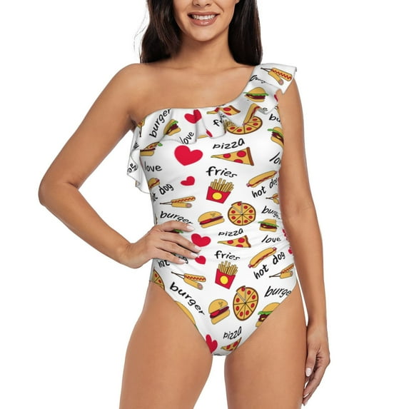 Easygdp Fast Food Women's One Shoulder Ruffle Monokini Bathing Suits with Removable Chest Pad, Quick Drying - X-Large