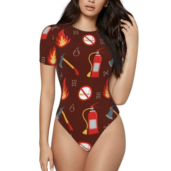 Easygdp Fire Extinguisher Women's One-Piece Swimsuit Slim Fit Crew Neck Bodysuit Athletic Swimwear with Concealed Buckle - X-Large