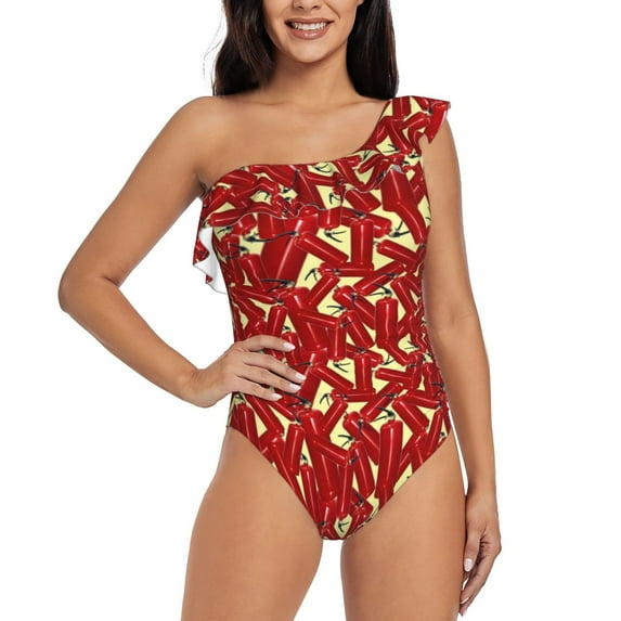 Easygdp Fire Extinguisher Women's One Shoulder Ruffle Monokini Bathing Suits with Removable Chest Pad, Quick Drying - Large