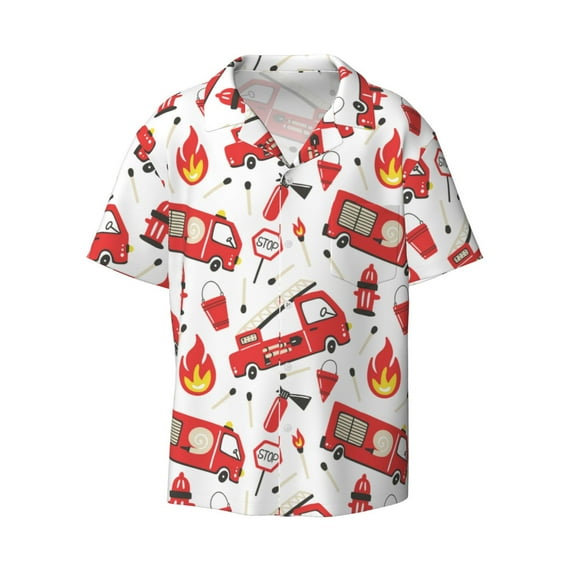 Easygdp Fire Truck Men's Casual Short-sleeved Shirt with Pocket and Button Suitable for Beach Vacation Leisure - Medium