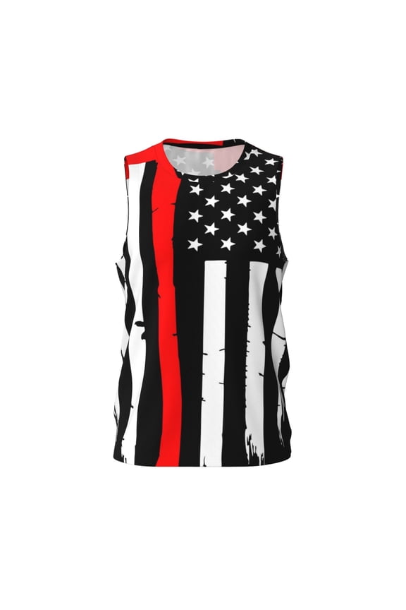 Firefighters USA Flag Men's Mesh Basketball Jersey Quick Drying Sleeveless Shirts Fitted Muscle Tank Tops Sport Round Neck T-Shirt - Small