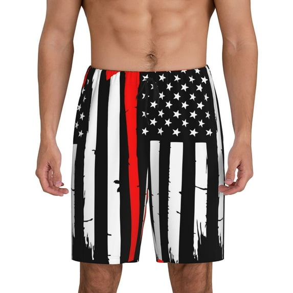 Easygdp Firefighters USA Flag Men's Short Pajama Pants, Sleep Shorts, Household Pants, Casual Pants with Pockets - Small