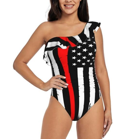Easygdp Firefighters USA Flag Women's One Shoulder Ruffle Monokini Bathing Suits with Removable Chest Pad, Quick Drying - XX-Large